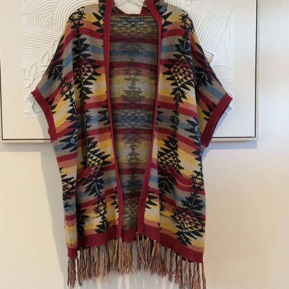 American Eagle Women's Hooded Southwest Open Blanket Poncho Sweater SZ L/XL - Picture 1 of 12